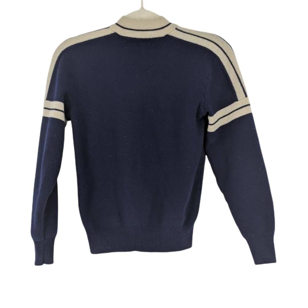 VTG MEISTER 100% New Wool Sweater Pullover Partial Button Navy Blue & Tan L - Picture 2 of 12
